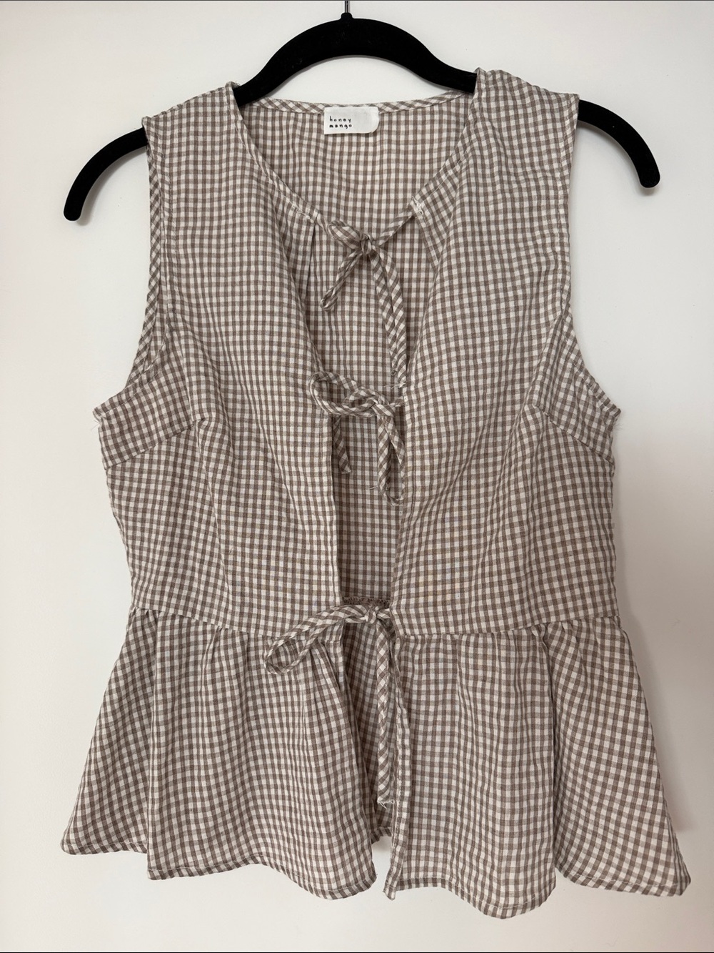 Mango Honey Taupe Gingham Tie-Front Peplum Sleeveless Top